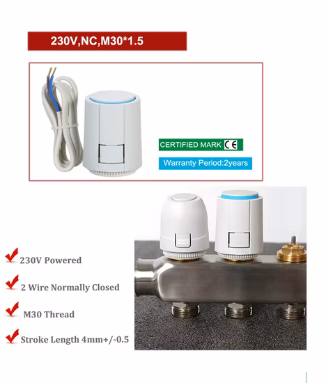 Fußbodenheizungsventil Nc AC 230V Elektrischer thermischer Aktuatorverteiler für Fußbodenheizungsthermostat M30X1,5